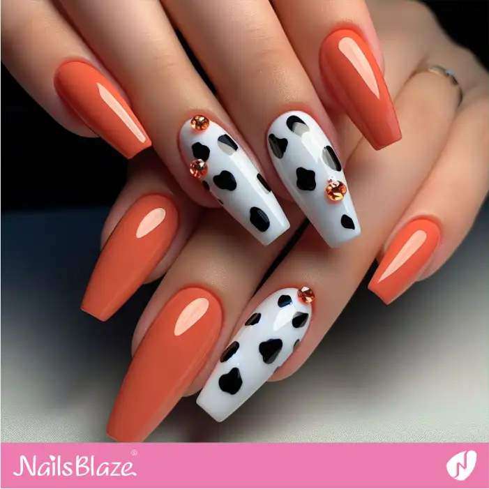 Embellished Orange Nails with Dalmatian Print | Animal Print Nails - NB1995